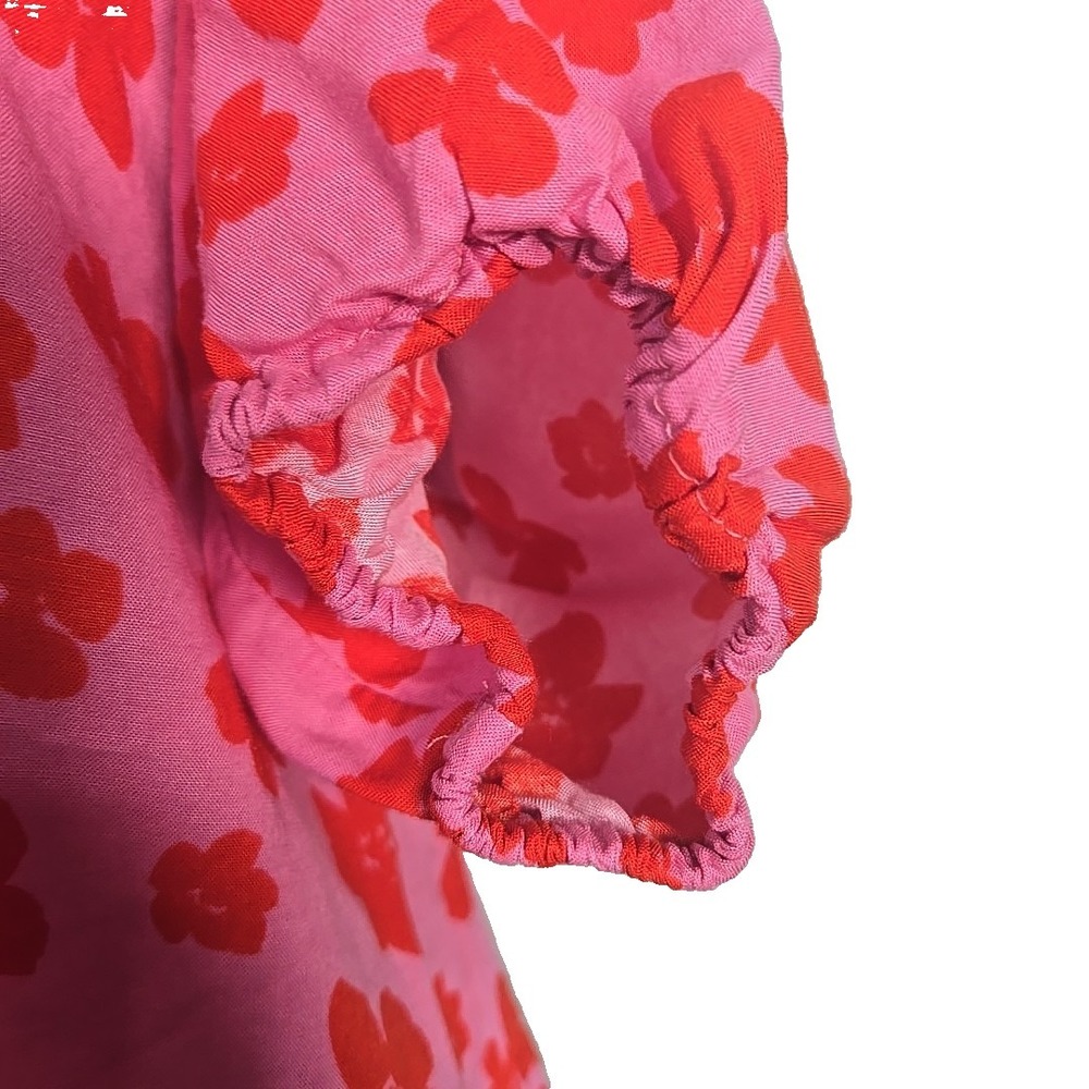 Sanctuary Pink Red Floral Crayon Poplin 3/4 Sleeve Button Front Crop Top Medium - Picture 5 of 7